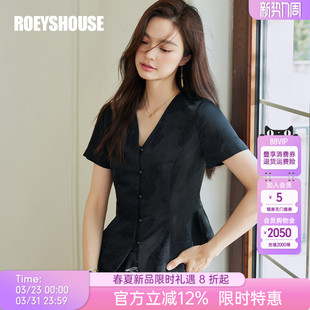 优雅通勤黑色提花短袖 罗衣新中式 女夏季 缎面衬衫 上衣10498 V领修身