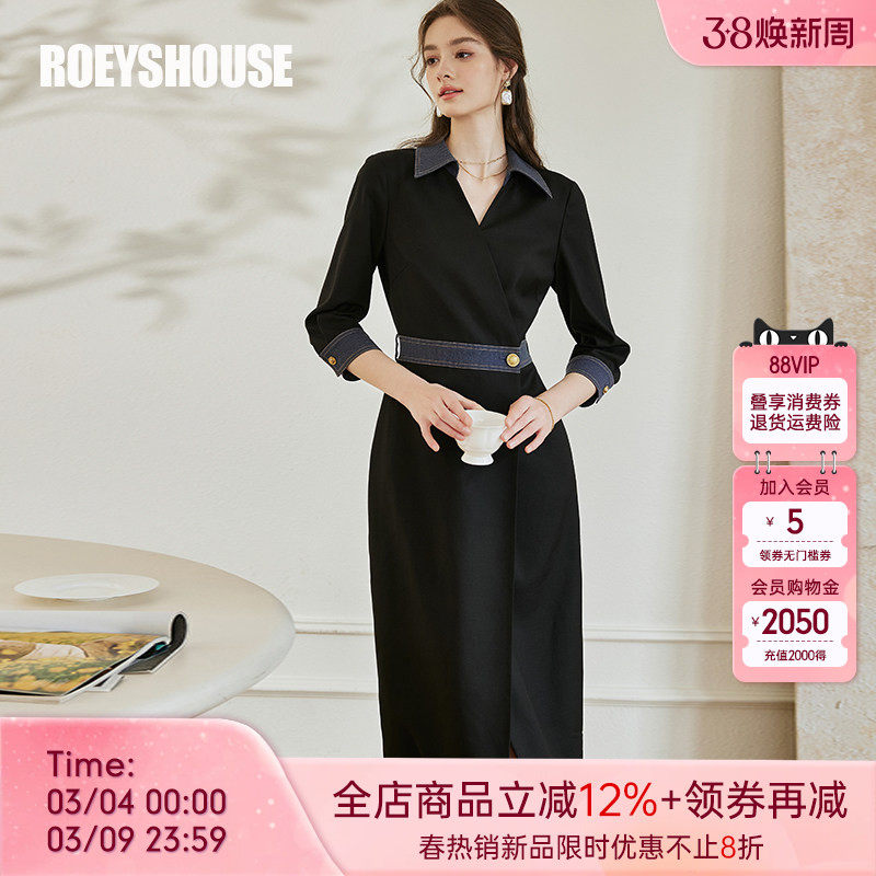 罗衣知性拼接仿牛仔连衣裙女春季黑色丹宁修身显瘦中长裙子09933