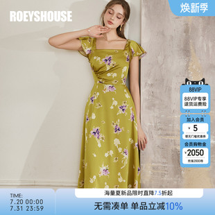 新款 罗衣复古方领花色缎面连衣裙2025夏季 气质抓褶大摆裙子10747