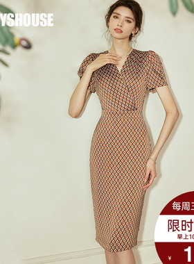 罗衣法式V领缎面连衣裙2024夏装新款气质印花泡泡袖收腰裙子08640