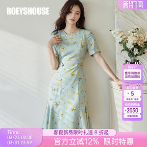 罗衣优雅淑女风花色连衣裙女夏季气质修身拼接鱼尾摆中长裙06393