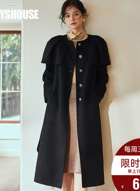 罗衣100%澳洲进口高支羊毛大衣2024冬装新款黑色双面呢外套05077