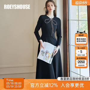 罗衣优雅蝴蝶结大摆连衣裙女春季新款黑色内搭针织中长裙子09862