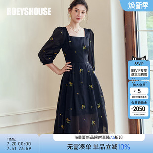 罗衣高级刺绣黑色连衣裙女2025秋季 方领收腰大摆裙08994 新款 法式