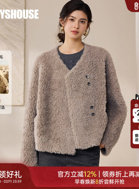 罗衣千金风灰色短款羊羔绒V领皮草女冬季100%绵羊毛毛呢外套12990