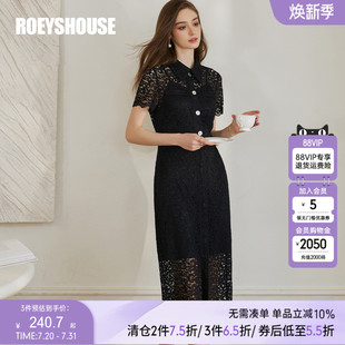 开叉裙10534 罗衣气质黑色蕾丝连衣裙女2025夏季 新款 时尚 翻领修身