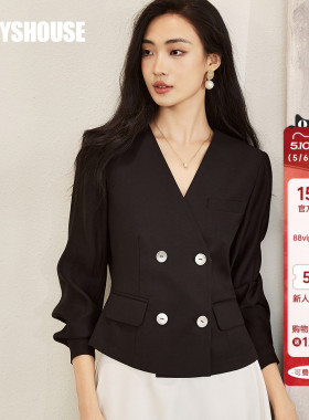 罗衣气质通勤收腰西装短外套女春季职场时尚黑色双排扣上衣10626