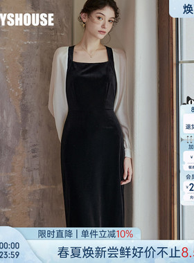 罗衣法式优雅方领连衣裙女春季气质复古拼接丝绒修身礼服裙07942