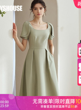 罗衣复古方领豆绿色连衣裙2025夏装新款淑女拼接褶皱大摆裙06692