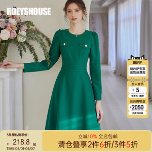 罗衣复古泡泡袖肌理感连衣裙女春优雅气质褶皱绿色大摆裙子07465