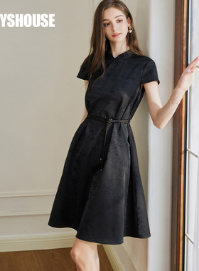 罗衣复古新中式提花连衣裙2025夏季新款国风缎面系带大摆裙10482