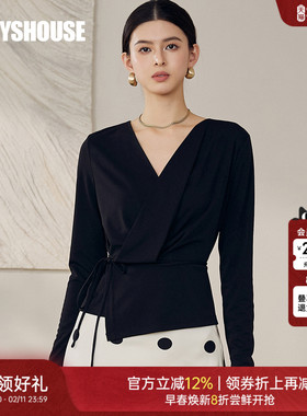 罗衣气质V领系带针织衫2025秋季新品时尚设计感黑色修身上衣12716