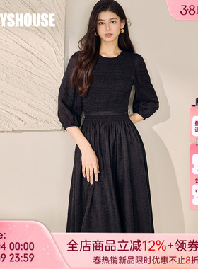 罗衣端庄大气醋酸泡泡袖缎面连衣裙女春时尚通勤黑色大摆裙12388