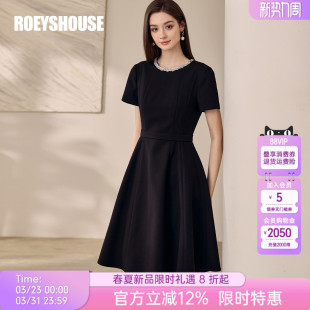 罗衣气质通勤黑色系带短袖 连衣裙女春百搭收腰圆领大摆裙子11827