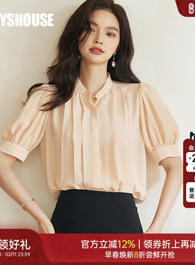 罗衣小众立领褶皱短袖衬衫女2025夏新款杏色上衣泡泡袖衬衣08315