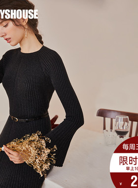 罗衣知性深灰色毛衣连衣裙女2025秋冬新款弹力打底大摆裙子03094