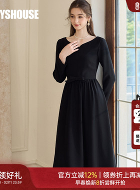 罗衣通勤高级赫本风大摆连衣裙气质法式女人味蝴蝶结小黑裙11279