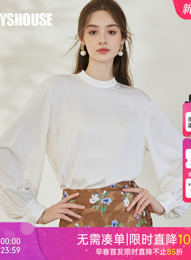 罗衣复古灯笼袖缎面衬衫2025秋季新款气质职业OL立领白衬衣09911