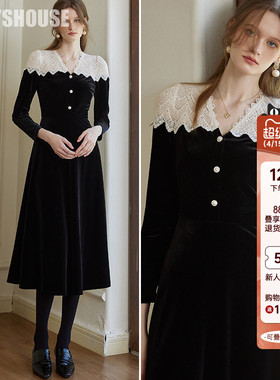 罗衣独特漂亮丝绒拼接蕾丝连衣裙女早春修身黑色礼服大摆裙09708