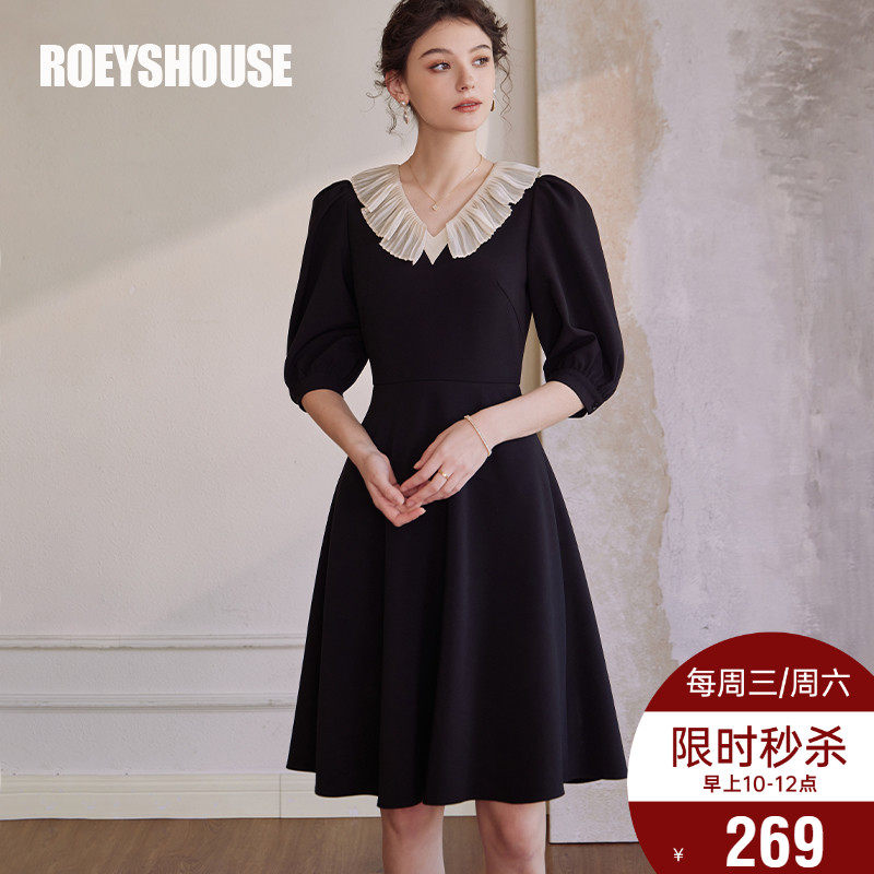 罗衣法式泡泡袖拼接连衣裙2023夏装新款高级黑色礼服大摆裙08047,女装/女士精品,连衣裙,淘宝优惠券,粉丝福利购,淘宝优惠卷