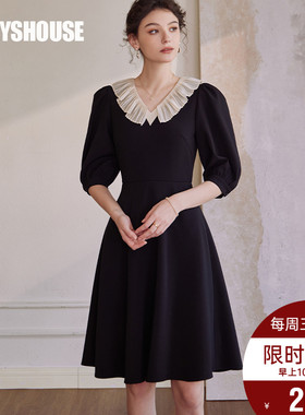 罗衣法式泡泡袖拼接连衣裙2023夏装新款高级黑色礼服大摆裙08047