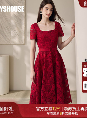 罗衣漂亮方领蕾丝连衣裙女2025夏季新款气质系带收腰中长裙11888