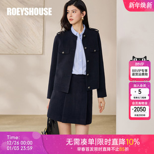 罗衣知性职业藏蓝毛呢短外套 显高显瘦减龄12878 半身裙两件套套装