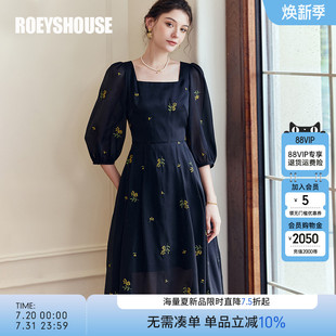 罗衣法式 高级刺绣黑色大摆裙08994 方领收腰连衣裙女2025秋季 新款