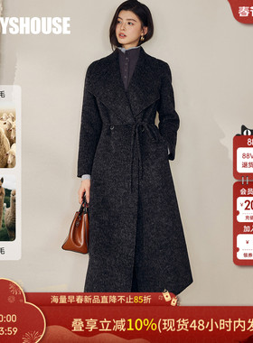 罗衣轻奢绵羊毛黑色毛呢外套女冬系带长款双面呢羊驼毛大衣12925