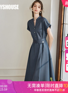 罗衣时尚通勤深蓝色收腰衬衫连衣裙女夏季优雅系带大摆裙子10222