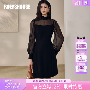 立领灯笼袖 时尚 收腰中裙13314 黑色雪纺拼接连衣裙女春季 罗衣法式