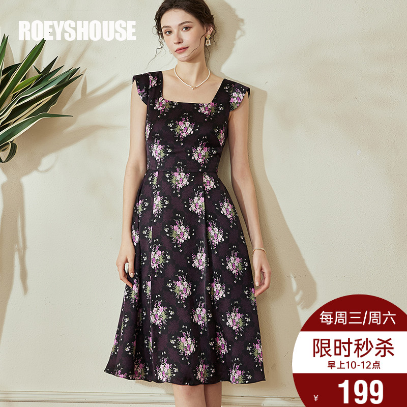 罗衣复古方领花色缎面连衣裙