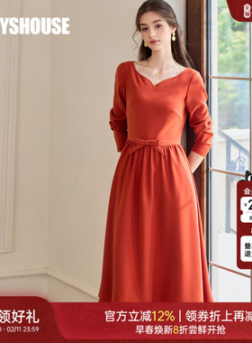 新年专供款|罗衣吸睛橘红色蝴蝶结连衣裙女气质桃心领大摆裙11279