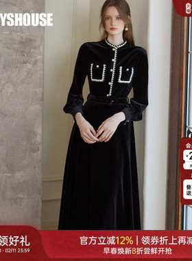 罗衣赫本风丝绒灯笼袖收腰连衣裙女冬绝美小礼服系带中长裙09697