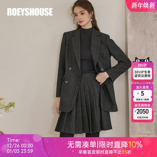 套裙减龄显瘦11388 百褶裙套装 罗衣灰色人字纹两件套毛呢西装 外套