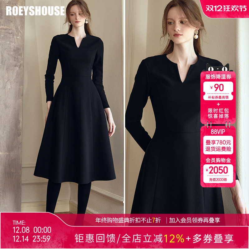 罗衣气质黑色大摆针织连衣裙