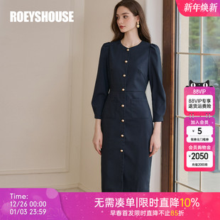 修身 气质泡泡袖 裙子09243 新款 罗衣高级醋酸深蓝色连衣裙2025秋装