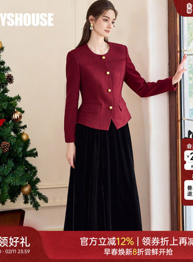 新年专供款|罗衣肌理感小香风短外套女气质轻熟OL红色小西装11277