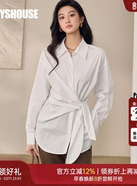 罗衣时尚扭结白色收腰衬衫春季绑带衬衣休闲设计感长袖上衣12950