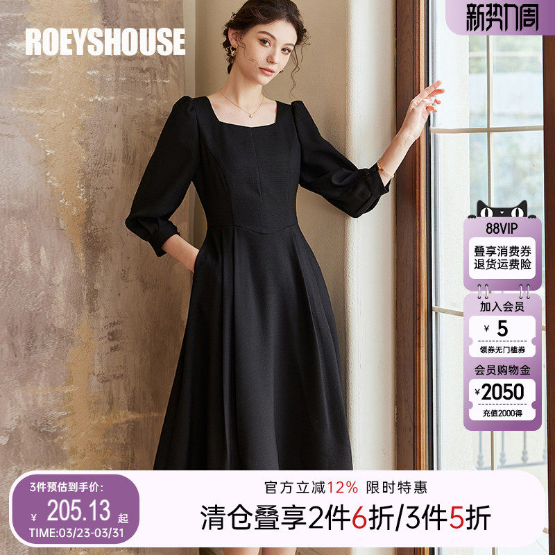 罗衣法式方领肌理感黑色连衣裙女春季泡泡袖褶皱大摆裙子08133
