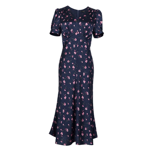 罗衣气质鱼尾摆碎花连衣裙女2025夏装新款花色修身缎面裙子04310