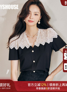 罗衣法式拼接蕾丝小衬衫女2025夏装新款泡泡袖上衣黑色T恤08815