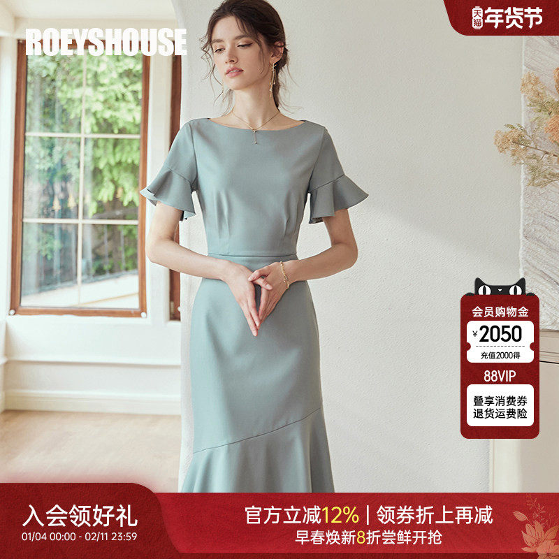 罗衣气质荷叶袖修身连衣裙2025夏装新款简约豆绿色鱼尾裙子06539,女装/女士精品,连衣裙,淘宝优惠券,粉丝福利购,淘宝优惠卷