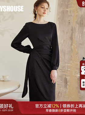 罗衣气质黑色缎面连衣裙女2025秋季新款拼接褶皱垂坠感裙子09199