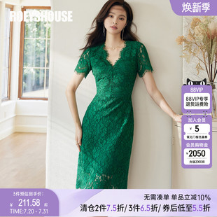 裙子06663 罗衣优雅V领蕾丝连衣裙女2025夏装 新款 气质绿色短袖 修身