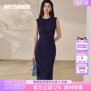 罗衣轻熟气质风收腰无袖 深蓝侧开叉包臀中长裙13382 连衣裙女春季