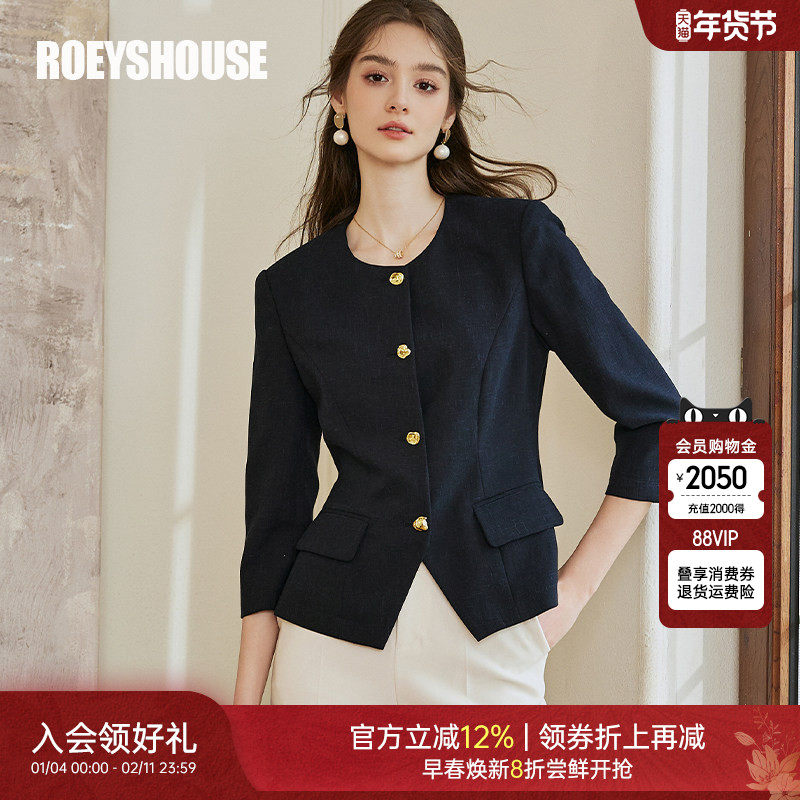 罗衣藏青色收腰高端小西装上衣女春通勤修身圆领高级短外套10105,女装/女士精品,短外套,淘宝优惠券,粉丝福利购,淘宝优惠卷