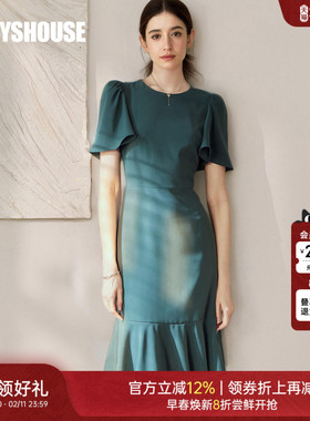 罗衣时尚荷叶袖收腰连衣裙女2025夏季新款优雅绿色鱼尾裙子06274