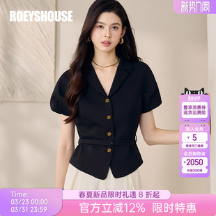 修身 罗衣气质时尚 女夏收腰通勤泡泡袖 衬衫 上衣外套12385 黑色短袖