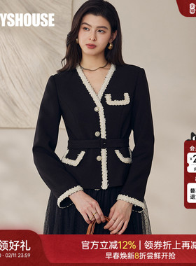 罗衣小香风职场V领亮丝短外套女春优雅通勤收腰黑色显瘦上衣13315